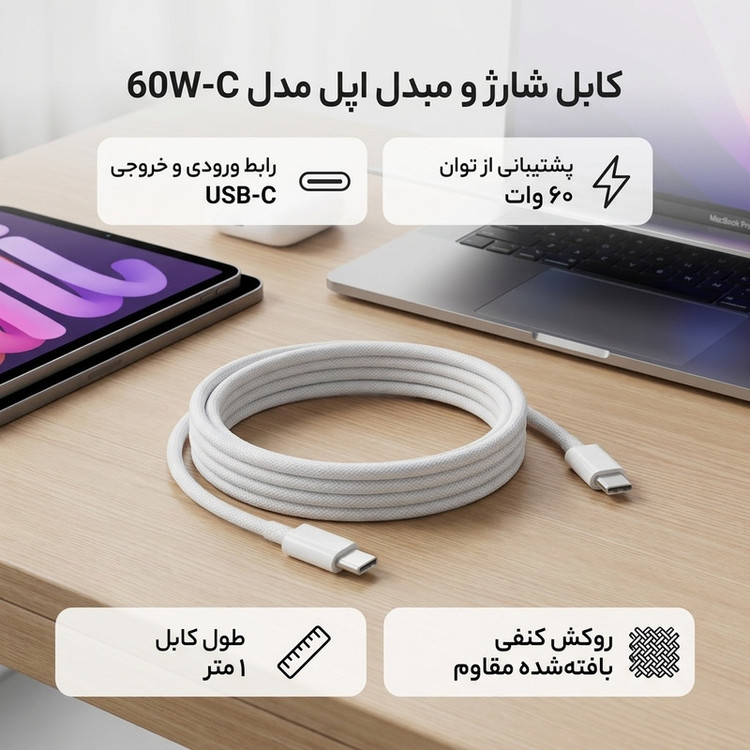 کابل USB-C اپل مدل 60W-C طول 1 متر