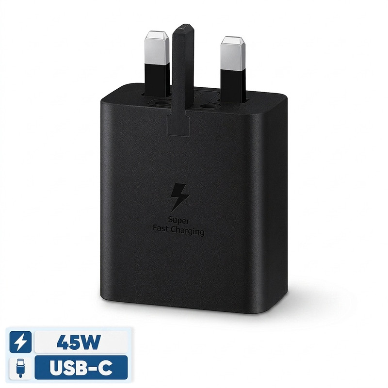 شارژر دیواری 45 وات سامسونگ مدل EP-T4511، اتصال سه پین، درگاه خروجی USB-C، به همراه کابل USB-C، دارای قابلیت شارژ سریع، تکنولوژی شارژ PD 3.0