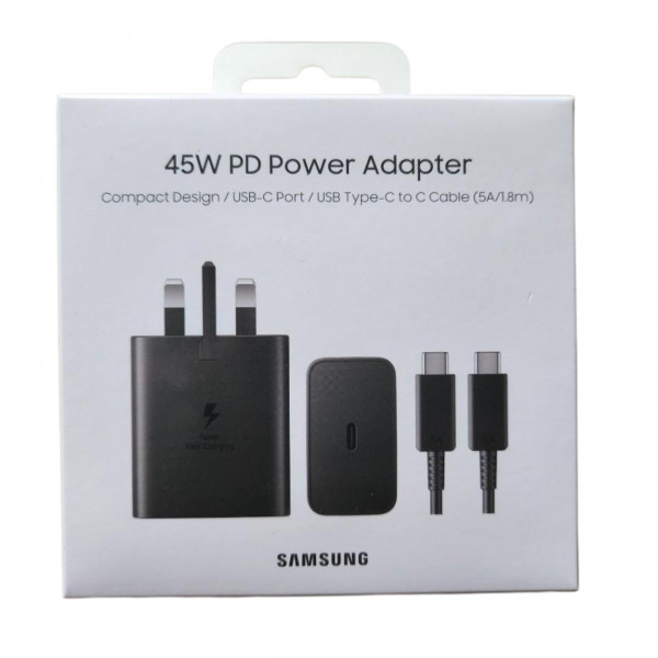 شارژر دیواری 45 وات سامسونگ مدل EP-T4511، اتصال سه پین، درگاه خروجی USB-C، به همراه کابل USB-C، دارای قابلیت شارژ سریع، تکنولوژی شارژ PD 3.0