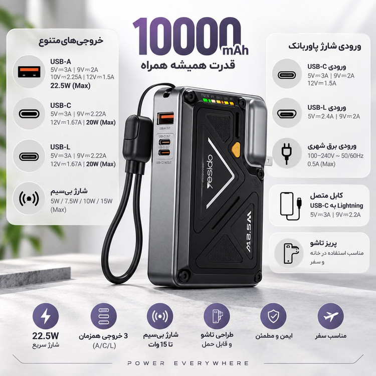 پاوربانک بیسیم 22.5 وات یسیدو مدل YP89 ظرفیت 10000 میلیآمپرساعت به همراه بند آویز