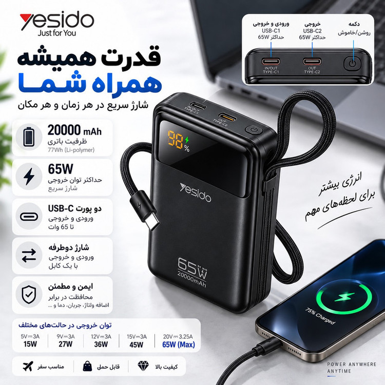 پاور بانک 65 وات یسیدو مدل YP97 PD ظرفیت 20000 میلی آمپر ساعت