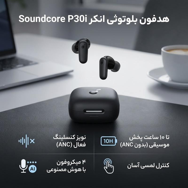 هدفون بلوتوثی انکر مدل Soundcore P30i با نویز کنسلینگ فعال (ANC)، درگاه شارژ USB Type-C، دارای 4 میکروفون با فناوری هوش مصنوعی، مجهز به دکمه لمسی و نشانگر LED مقاوم در برابر رطوبت و گردوغبار