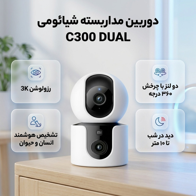 دوربین مداربسته تحت شبکه شیائومی مدل MJSXJ22CM_C300_DUAL_گلوبال با رزولوشن 3K، قابلیت چرخش 360 درجه و 88 درجه، دید در شب تا 10 متر، تشخیص و ردیابی حرکت انسان و حیوانات، مکالمه دوطرفه و پشتیبانی از کارت حافظه میکرو اسدی تا 256 گیگابایت